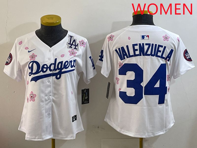 Women Los Angeles Dodgers #34 Valenzuela White Sakura Edition 2025 Nike MLB Jersey style 4